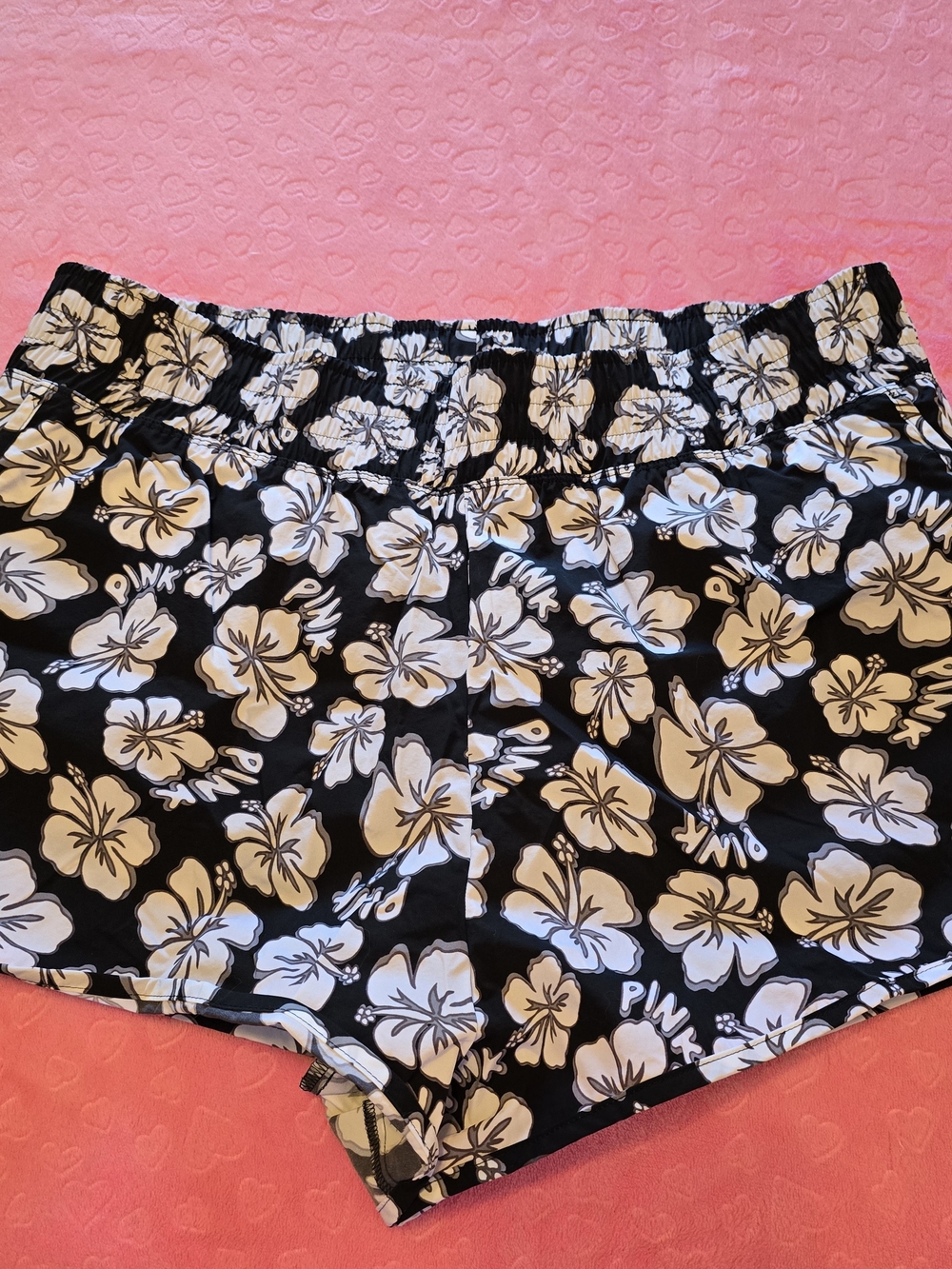 PINK Victoria's Secret Black and White Floral Elastic-Waist Athletic Shorts